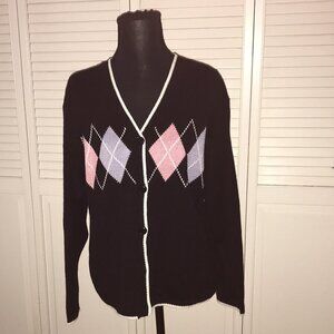 🖤 Black Argyle Cardigan with White Trim – Button Front – Size M